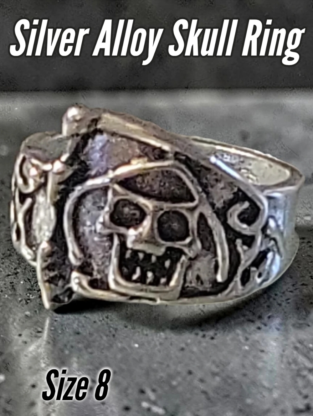 NWT Jewelery Alloy Metal Sz 8 Ring Signet Biker Skull Demon Devil Scythe Sickle
